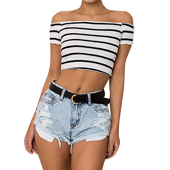 Image Title White Striped Off Shoulder Crop Top